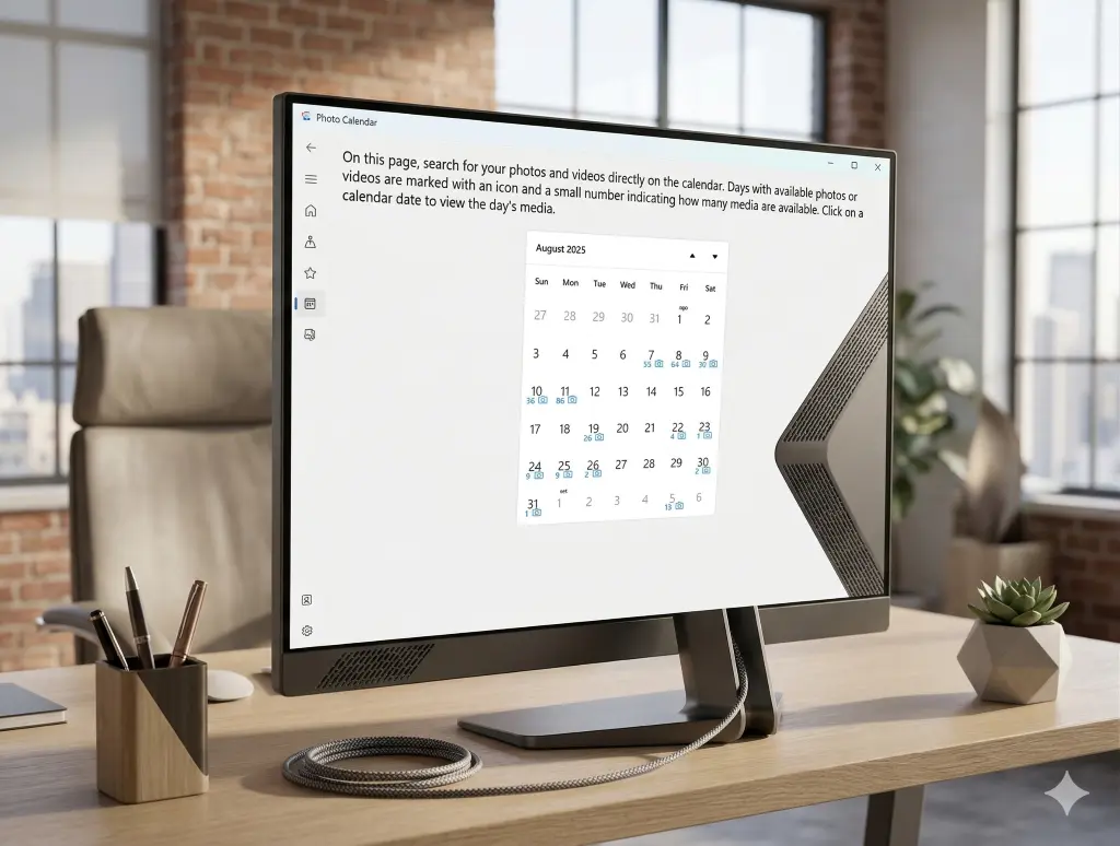 Screenshot of the Calendar page showing photos organized by date